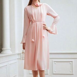 MOFT PREMIUM FULL SLEEVE V NECK A-LINE MIDI LIGHT PINK DRESS